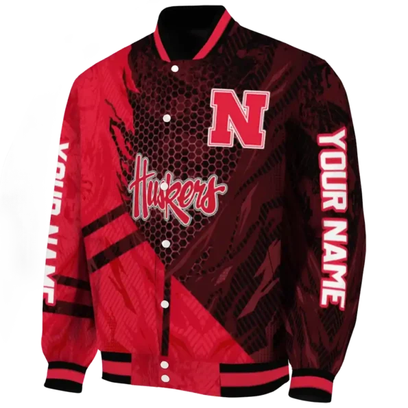 personalized nebraska cornhuskers hexagon mesh red black varsity jacket best selling
