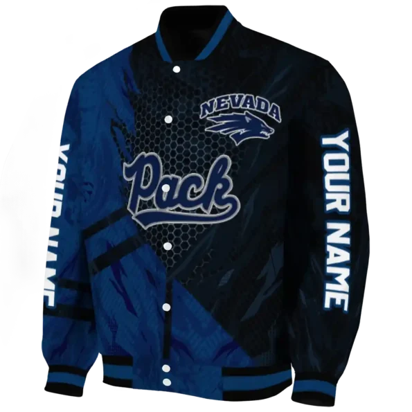 personalized nevada wolf pack hexagon mesh blue black varsity jacket best selling