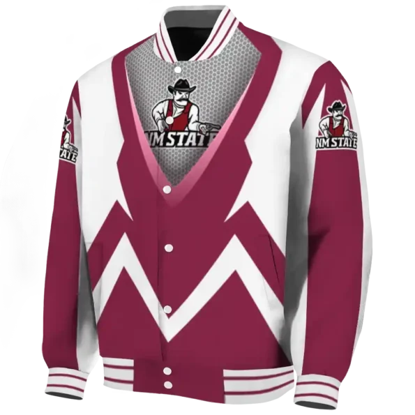 personalized new mexico state aggies v stripes crimson white varsity jacket best selling