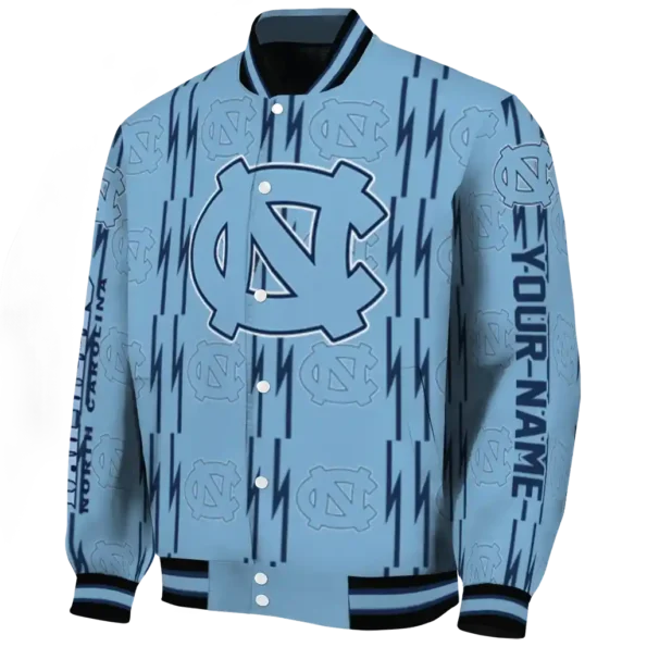 personalized north carolina tar heels bolt stripe light blue varsity jacket best selling