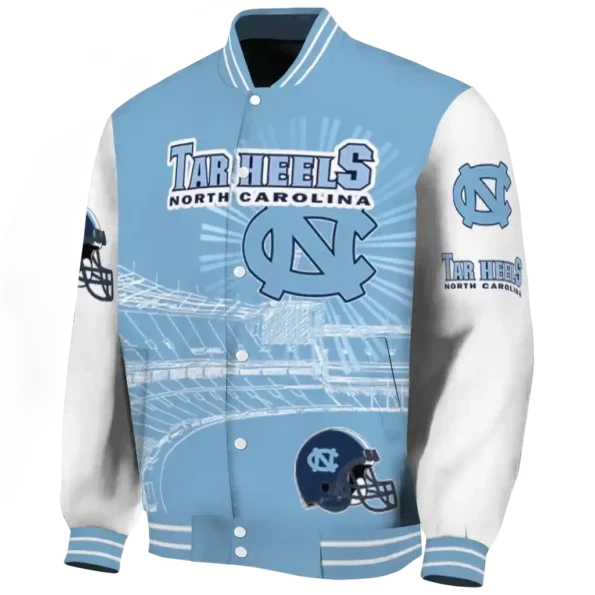 personalized north carolina tar heels ferris arena light blue white varsity jacket best selling