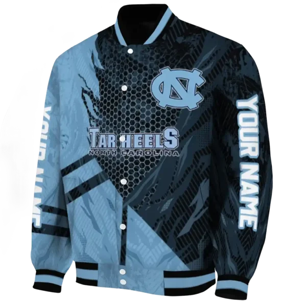 personalized north carolina tar heels hexagon mesh light blue black varsity jacket best selling