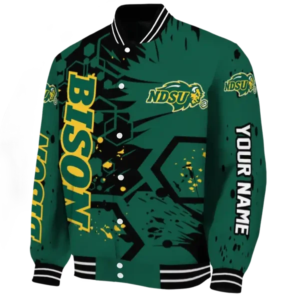 personalized north dakota state bison hexagon cluster green black varsity jacket best selling