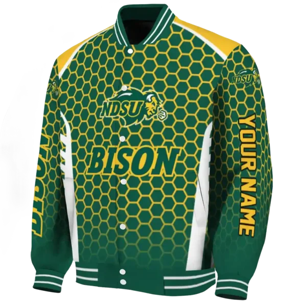 personalized north dakota state bison hexagon grid green varsity jacket best selling