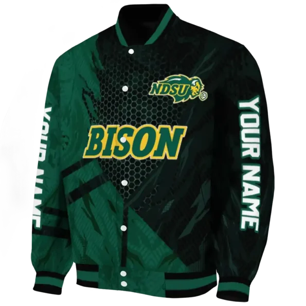 personalized north dakota state bison hexagon mesh green black varsity jacket best selling