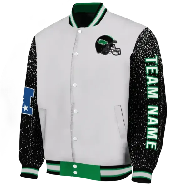 personalized north texas mean green speckled arms green gray varsity jacket best selling