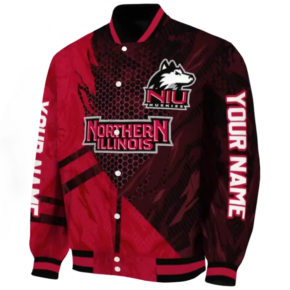 personalized northern illinois huskies hexagon mesh red black varsity jacket best selling