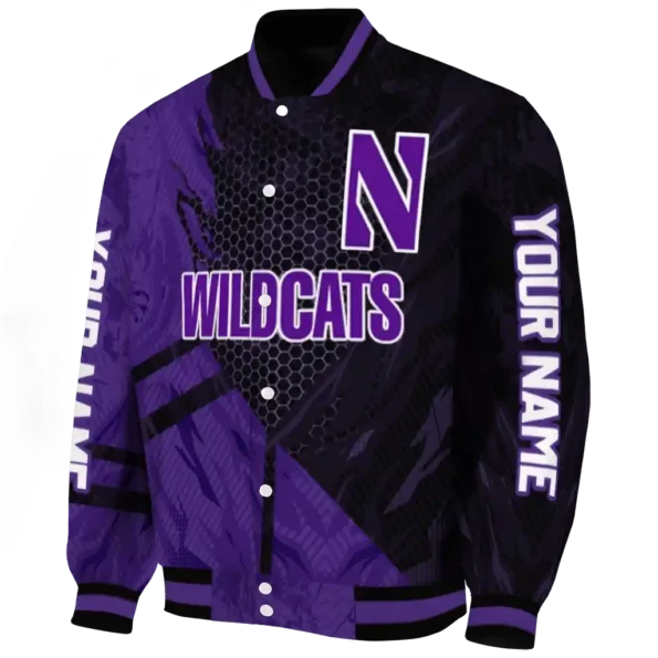 personalized northwestern wildcats hexagon mesh purple black varsity jacket best selling