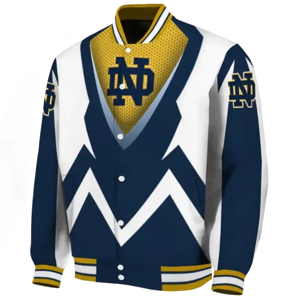 personalized notre dame fighting irish v stripes navy white varsity jacket best selling