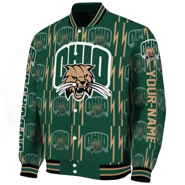 personalized ohio bobcats bolt stripe green varsity jacket best selling