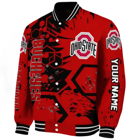 personalized ohio state buckeyes hexagon cluster scarlet black varsity jacket best selling