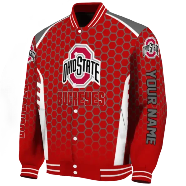 personalized ohio state buckeyes hexagon grid scarlet varsity jacket best selling