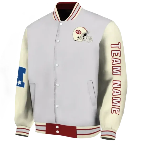 personalized oklahoma sooners speckled arms crimson gray varsity jacket best selling