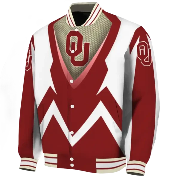 personalized oklahoma sooners v stripes crimson white varsity jacket best selling