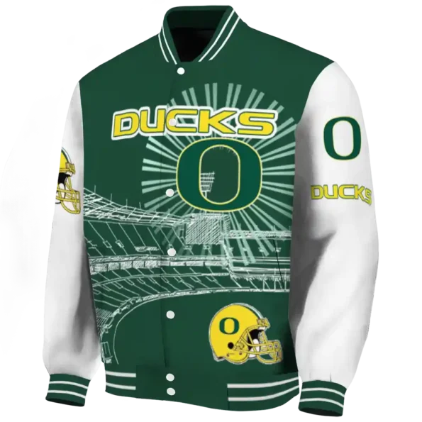 personalized oregon ducks ferris arena green white varsity jacket best selling