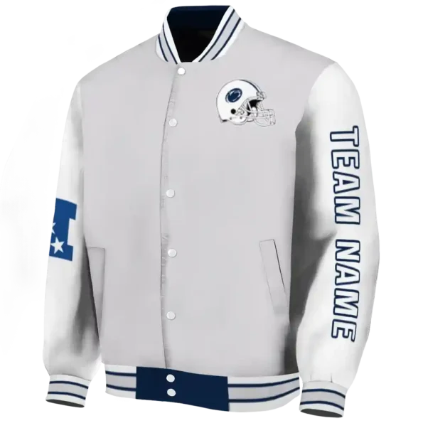 personalized penn state nittany lions speckled arms blue gray varsity jacket best selling