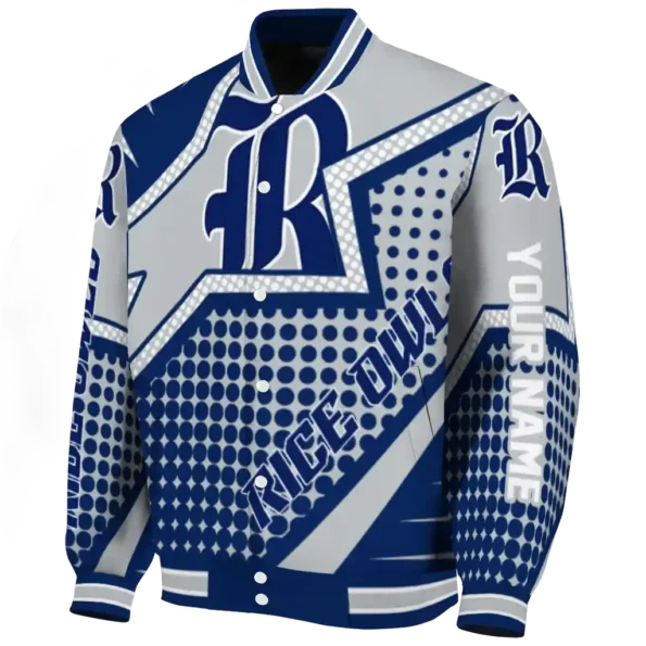 personalized rice owls star burst navy blue varsity jacket best selling