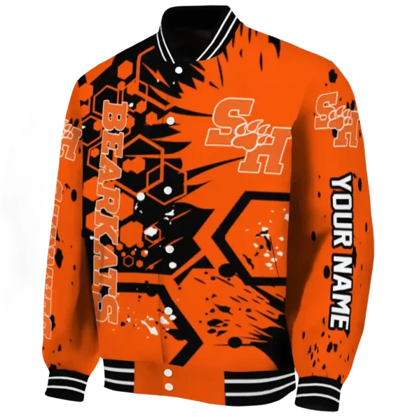 personalized sam houston bearkats hexagon cluster orange black varsity jacket best selling