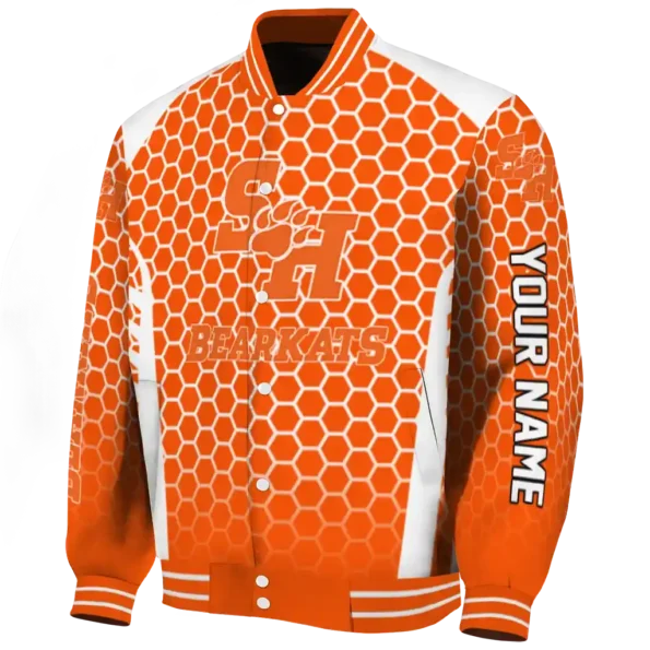 personalized sam houston bearkats hexagon grid orange varsity jacket best selling
