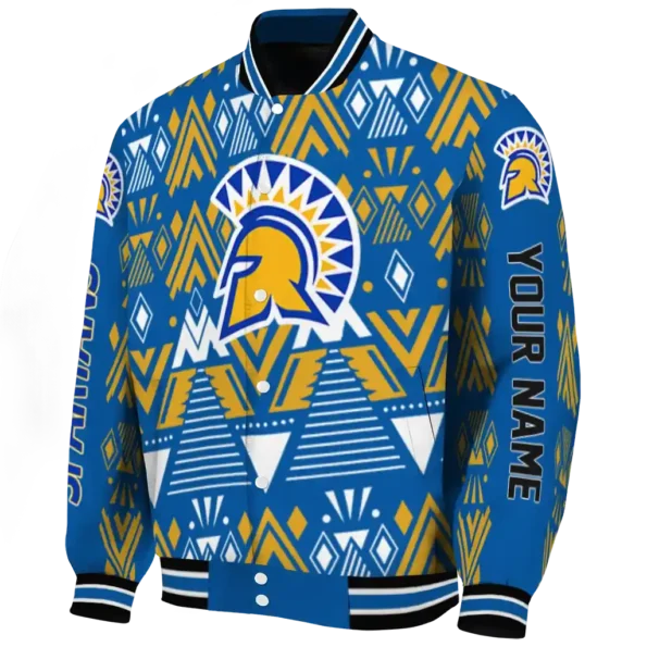 personalized san jose state spartans pyramid shapes blue varsity jacket best selling