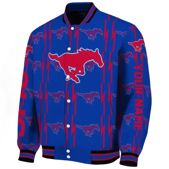 personalized smu mustangs bolt stripe blue varsity jacket best selling
