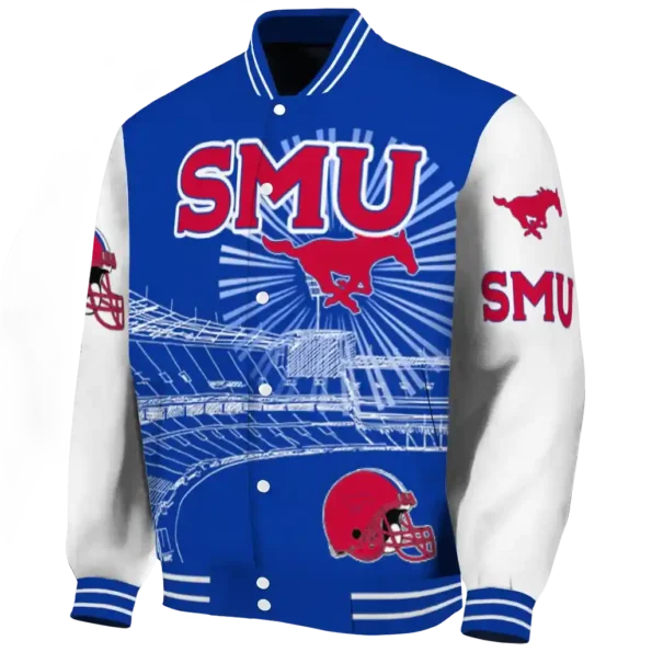 personalized smu mustangs ferris arena blue white varsity jacket best selling