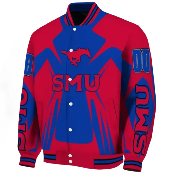 personalized smu mustangs spider mark blue red varsity jacket best selling
