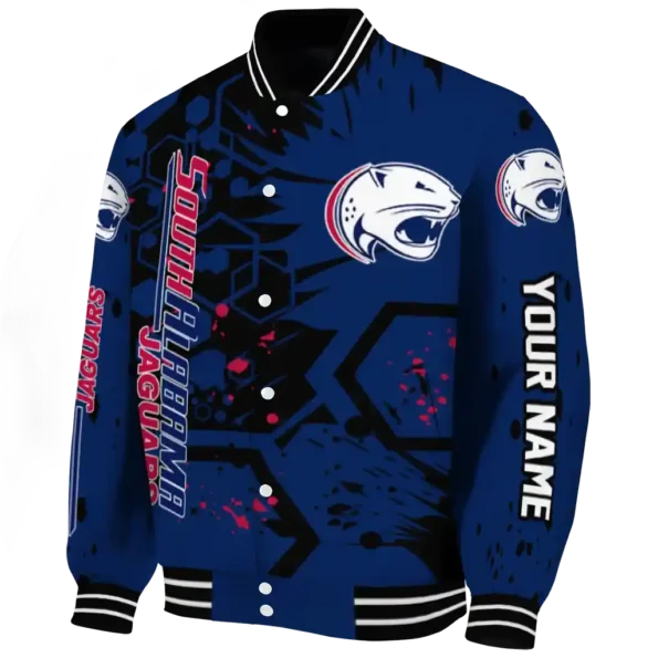 personalized south alabama jaguars hexagon cluster blue black varsity jacket best selling