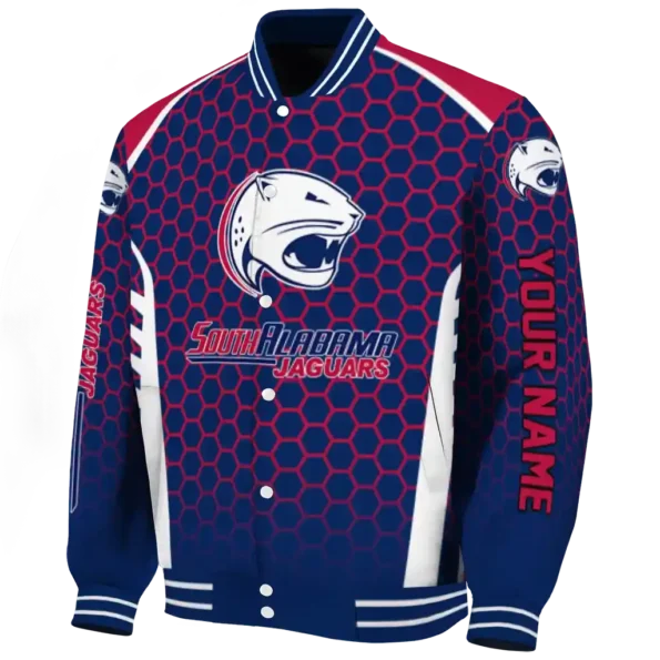 personalized south alabama jaguars hexagon grid blue varsity jacket best selling