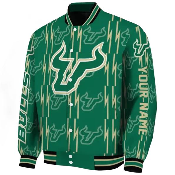 personalized south florida bulls bolt stripe green varsity jacket best selling