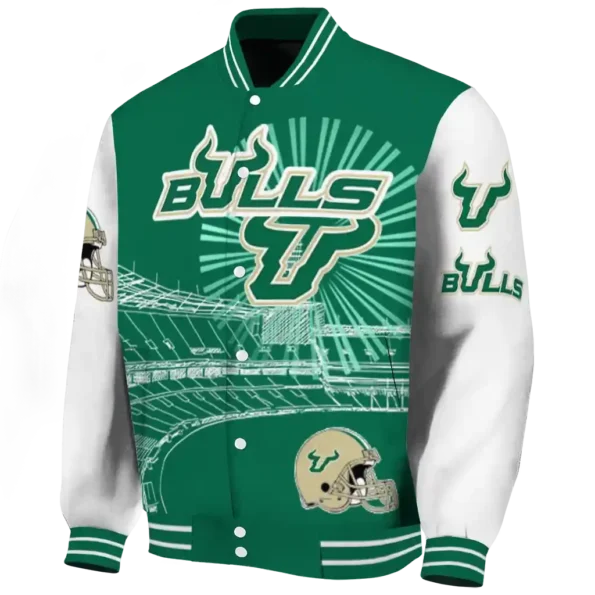 personalized south florida bulls ferris arena green white varsity jacket best selling