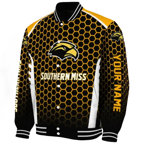 personalized southern miss golden eagles hexagon grid black varsity jacket best selling