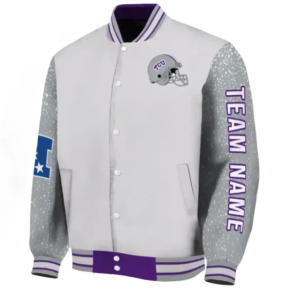 personalized tcu horned frogs speckled arms purple gray varsity jacket best selling