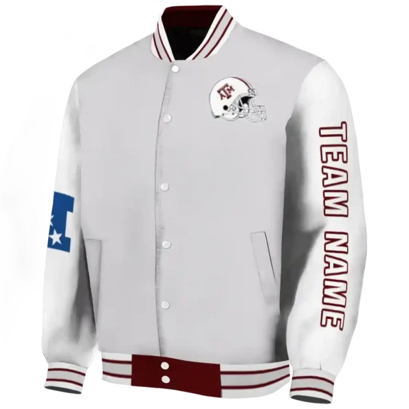 personalized texas am aggies speckled arms maroon gray varsity jacket best selling