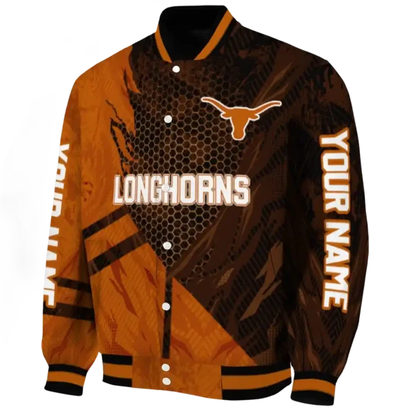 personalized texas longhorns hexagon mesh orange black varsity jacket best selling