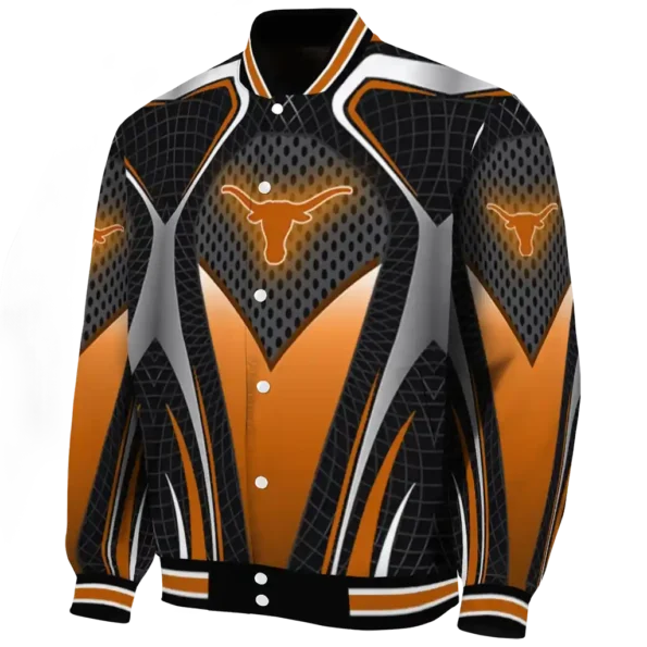 personalized texas longhorns mesh chest white black varsity jacket best selling