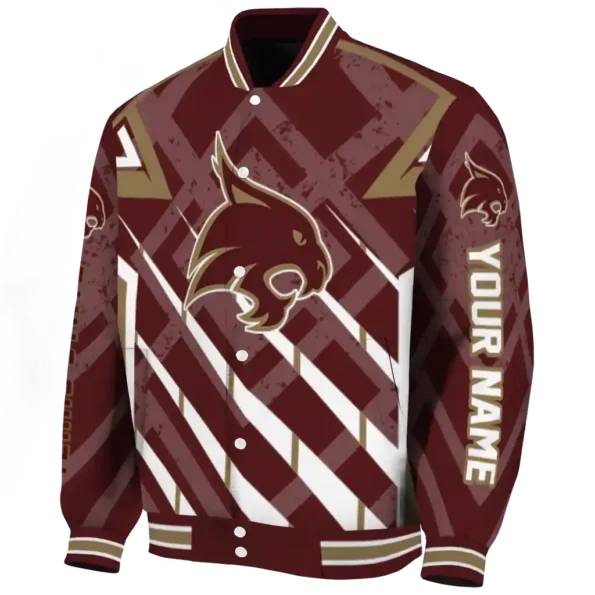 personalized texas state bobcats chevron angles maroon varsity jacket best selling