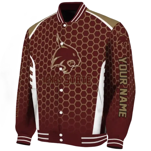 personalized texas state bobcats hexagon grid maroon varsity jacket best selling