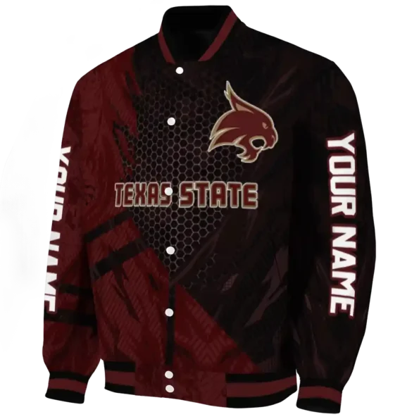 personalized texas state bobcats hexagon mesh maroon black varsity jacket best selling
