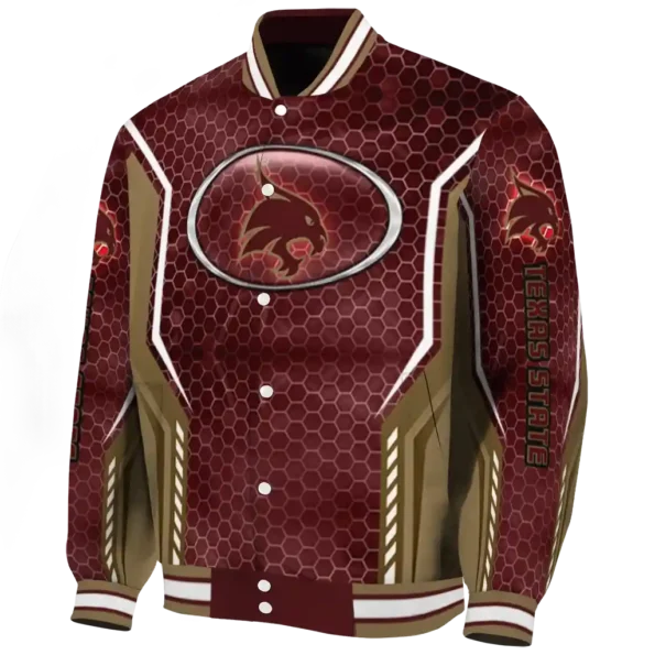 personalized texas state bobcats power plate maroon varsity jacket best selling