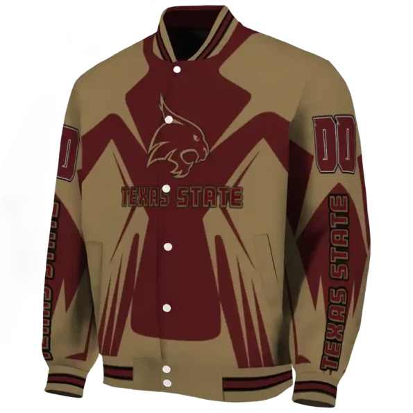 personalized texas state bobcats spider mark maroon gold varsity jacket best selling