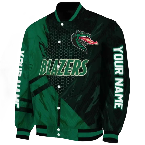 personalized uab blazers hexagon mesh green black varsity jacket best selling