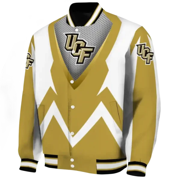 personalized ucf knights v stripes gold white varsity jacket best selling