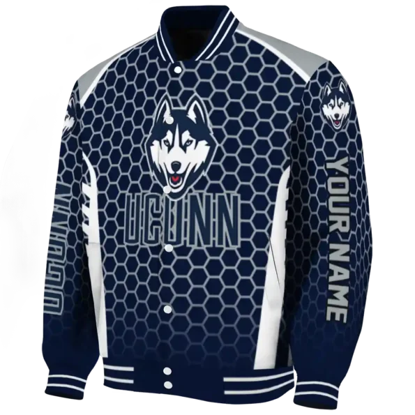 personalized uconn huskies hexagon grid blue varsity jacket best selling