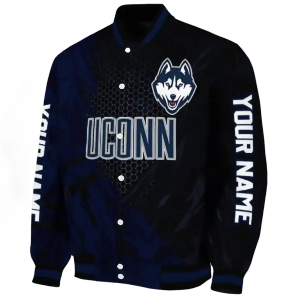 personalized uconn huskies hexagon mesh blue black varsity jacket best selling
