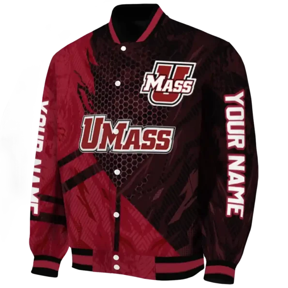 personalized umass minutemen hexagon mesh red black varsity jacket best selling