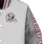 personalized-umass-minutemen-speckled-arms-red-gray-varsity-jacket-best-selling.webp