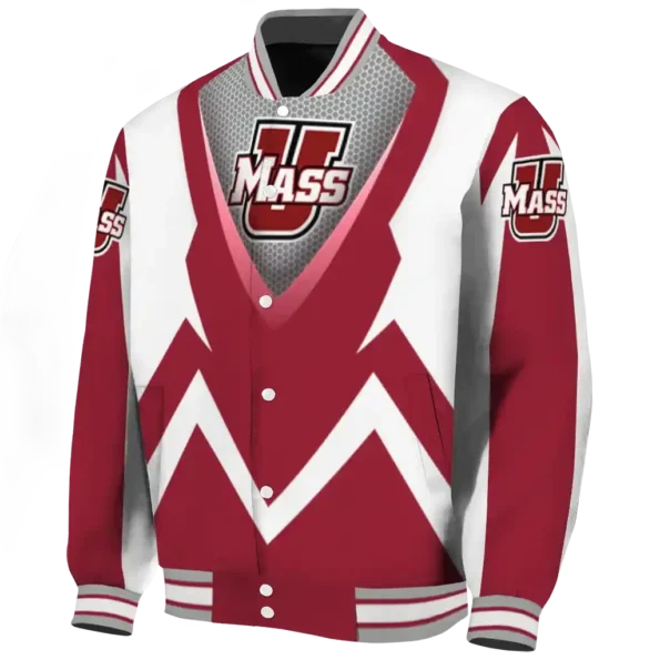 personalized umass minutemen v stripes red white varsity jacket best selling