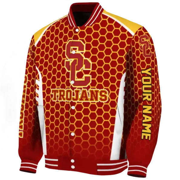 personalized usc trojans hexagon grid red varsity jacket best selling