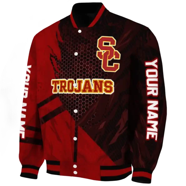 personalized usc trojans hexagon mesh red black varsity jacket best selling